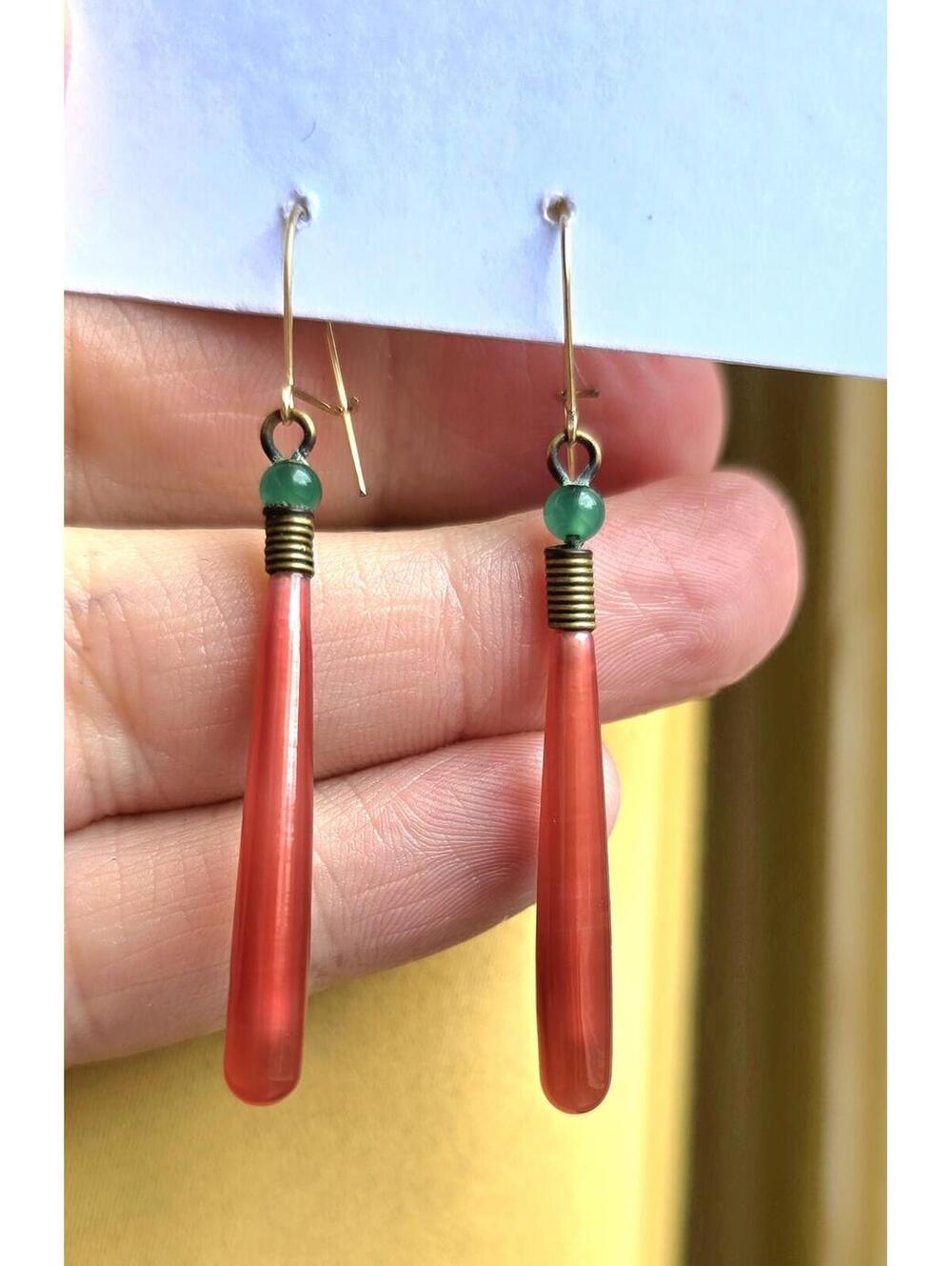 Vintage Red Carnelian Drop Earrings with Brass Wire